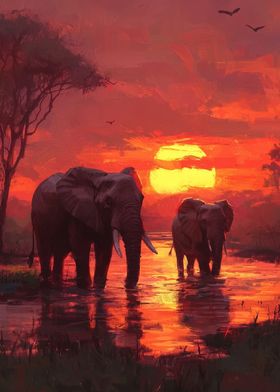 Elephants at Sunset