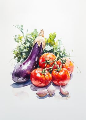 Watercolor Eggplant, Tomatoes, and Garlic