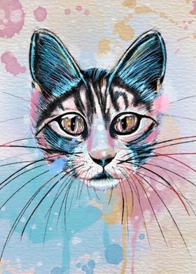 Splash Attack: Modern Watercolor Cat Portrait with Pastel Splashes