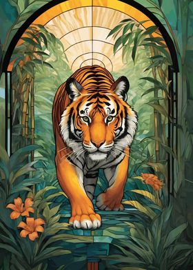 Tiger in Jungle Stained Glass