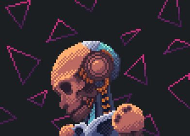 Pixel Art Cyborg Skull