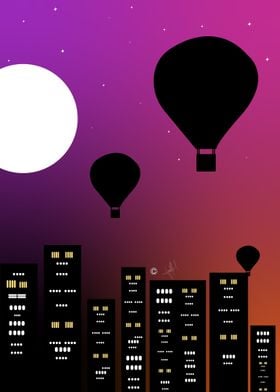 Hot Air Balloons Over Cityscape