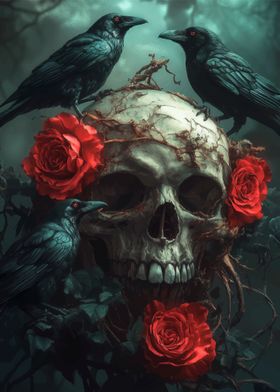 Skull with Crows and Roses