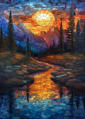 Stained Glass Sunset Mountains