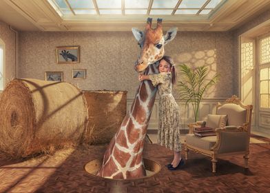 Giraffe Hug in a Room