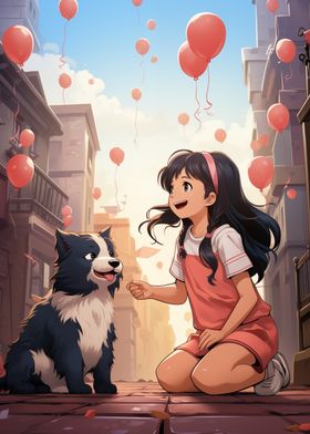 Girl and Dog with Balloons