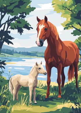 Horse and Foal by the Lake