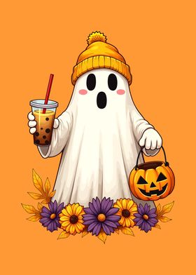 Cute Ghost with Boba Tea