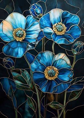 Stained Glass Blue Poppies