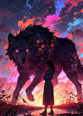 Wolf and Girl in Sunset