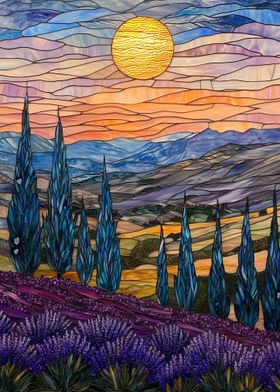 Stained Glass Sunset Landscape