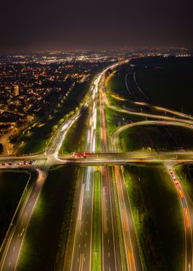 Highway Interchange at Night with light trails