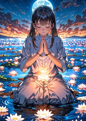 Anime Girl Praying by Water