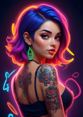 Neon Girl with Tattoo