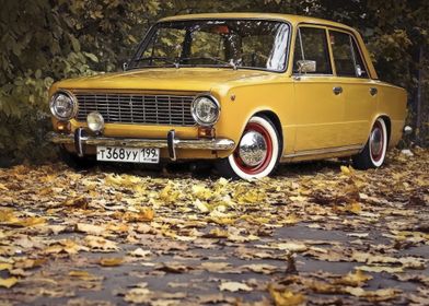 Vintage Yellow Car in Autumn