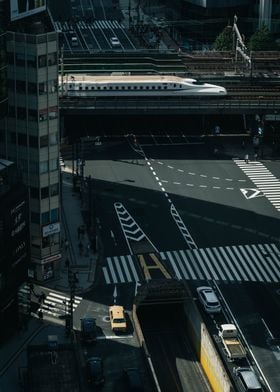 Japanese Cityscape with Bullet Train