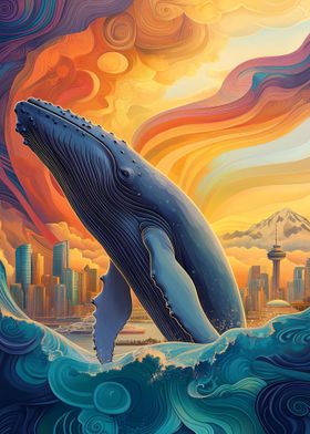 Whale Leaping Cityscape