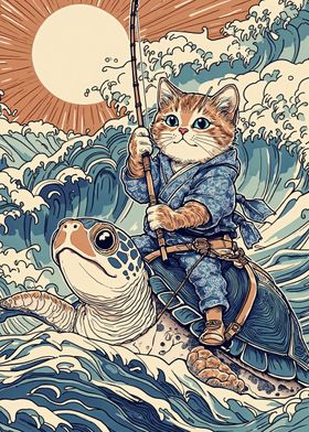 Cat Riding Turtle on Waves