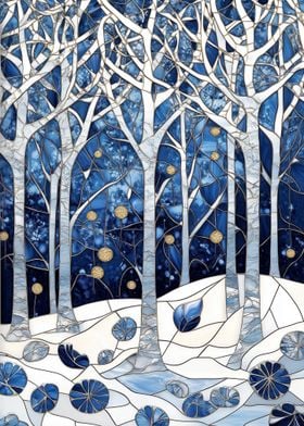 Stained Glass Blue &amp; Gold Winter Landscape