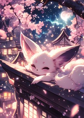 Fox in Cherry Blossom Night