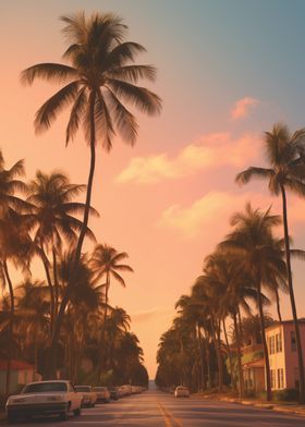 Palm Tree Lined Street at Sunset