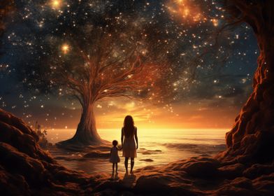 Mother and Daughter Under Starry Sky