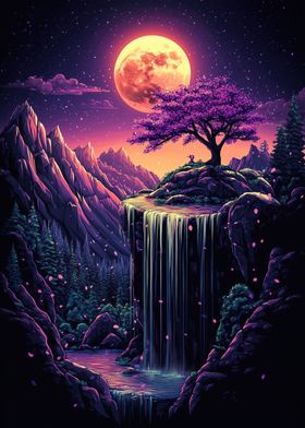 Night Waterfall with Cherry Blossom Tree