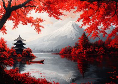 Japanese Pagoda and Mountain