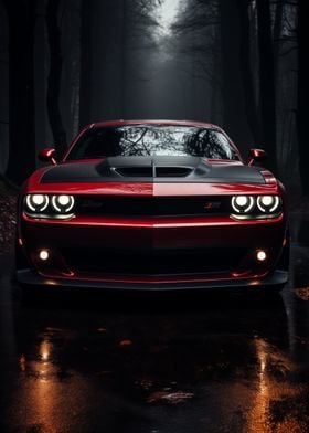 Red Dodge Challenger in Forest