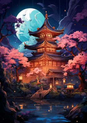 Japanese Pagoda Night Scene