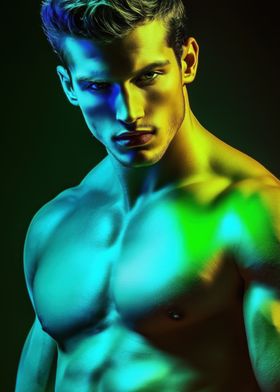 Muscular Man in Neon Lights,UV colors body art