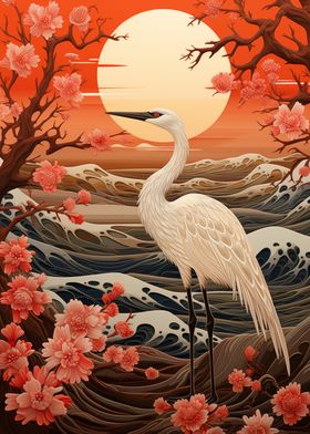 White Crane in Cherry Blossom