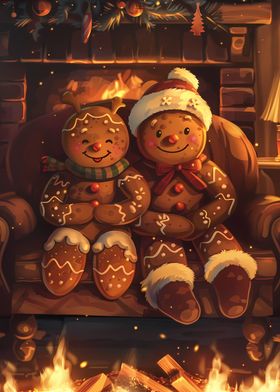 Gingerbread Couple by Fireplace