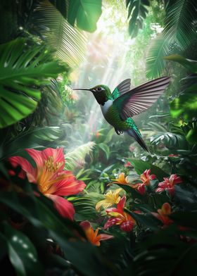 Hummingbird in Tropical Jungle