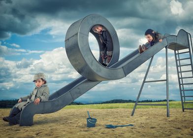 Kids on a Unique Slide