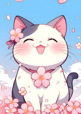 Smiling Cat with Cherry Blossoms