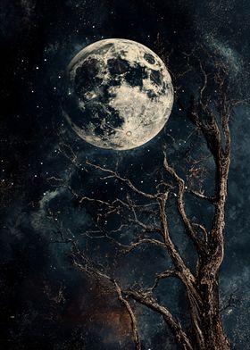 Full Black Moon and Bare Tree