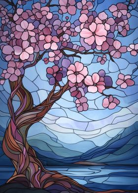 Stained Glass Cherry Blossom Tree Landscape