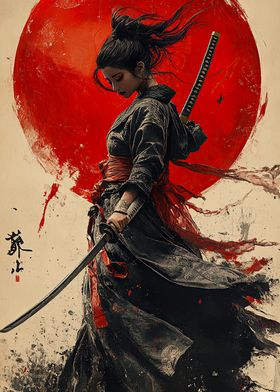 Samurai Woman with Red Sun