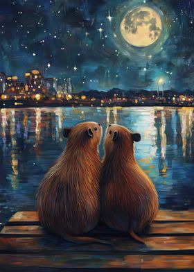 Capybaras Under the Moon