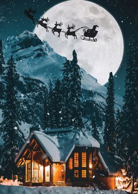 Santa's Flight Over Snowy Cabin