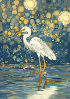 White Egret Under Starry Night