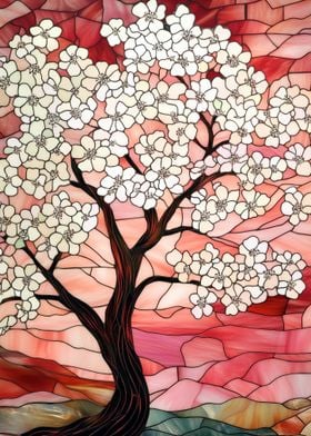 Stained Glass Cherry Blossom Tree Landscape