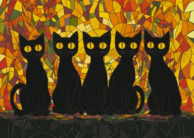 Glass Window with Five Black Cats 