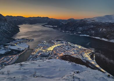 Snowy Fjord Town at Dusk, Åndalsnes, Norway