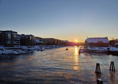 Snowy Harbor Sunset, Trondheim, Norway