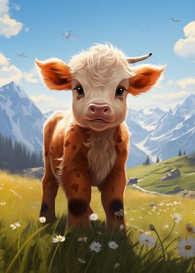 Cute Calf in Mountain Meadow