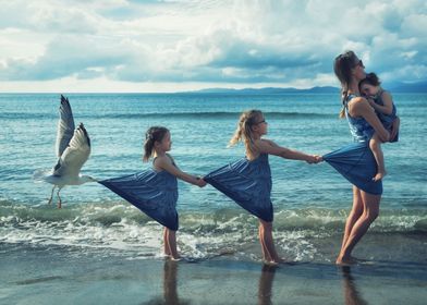 Seagull and Girls on Beach