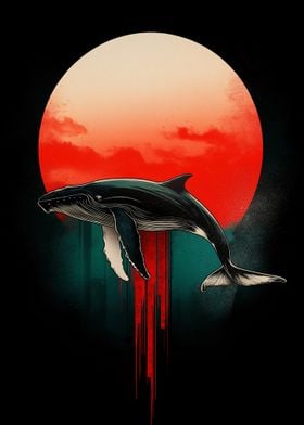 Whale Silhouette with Red Sun