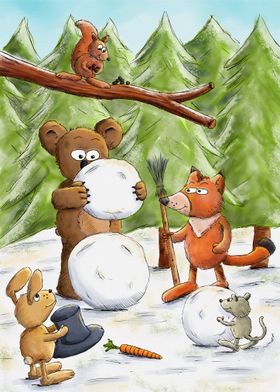 Forest Friends Building Snowman